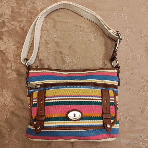 Fossil Multicolor Striped Canvas Crossbody Purse, Excellent Used Condition! - Picture 1 of 13